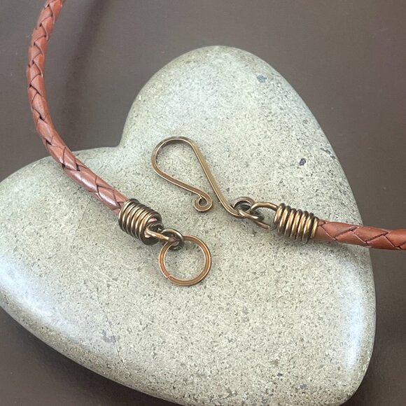 Braided Leather Necklace, Picture Jasper Pendant, Womens Mens Layering Necklace - Picture 5 of 6